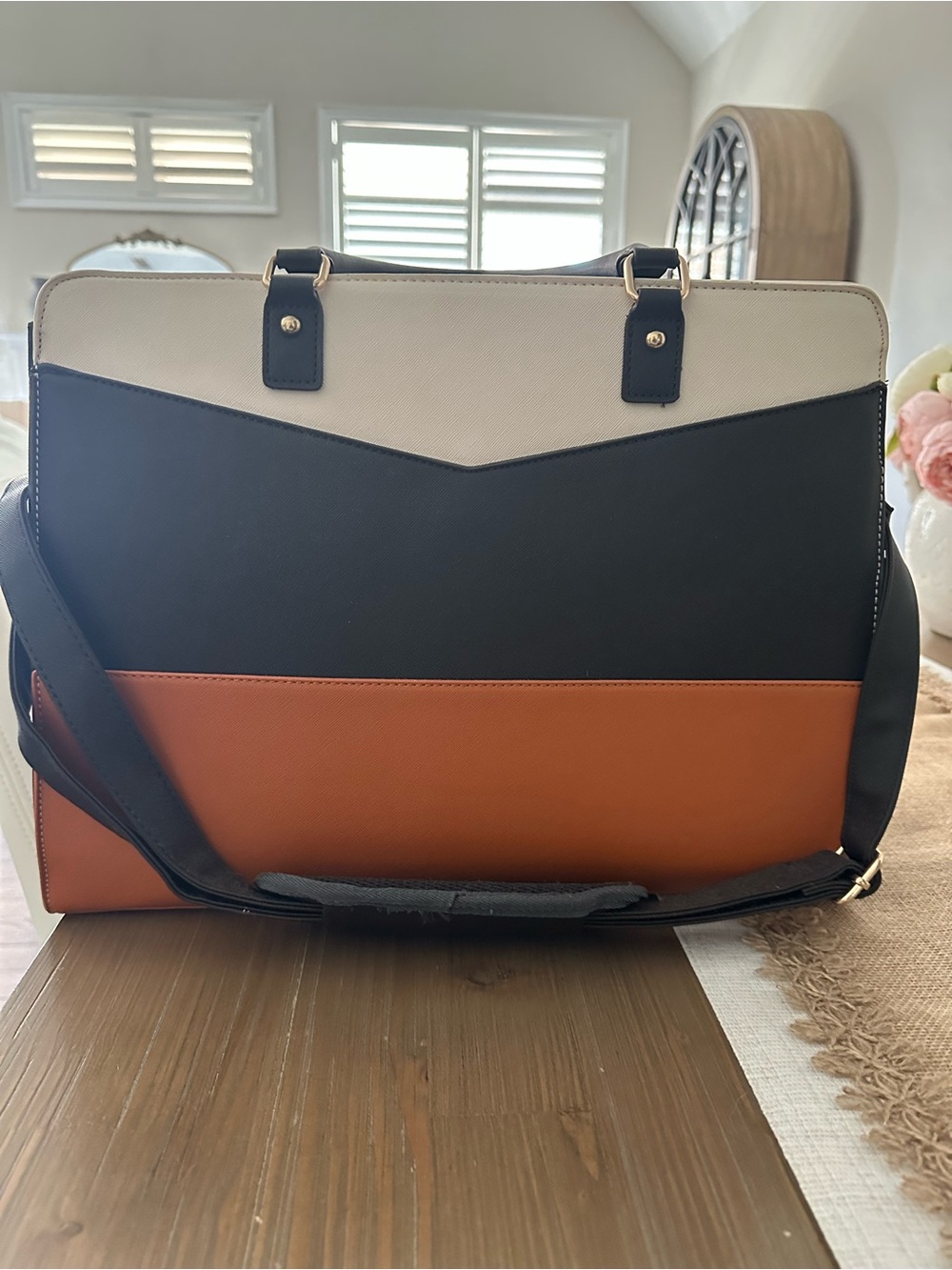 Three-Tone Structured Tote Bag - Black, Cream & Brown - Picture 4 of 5